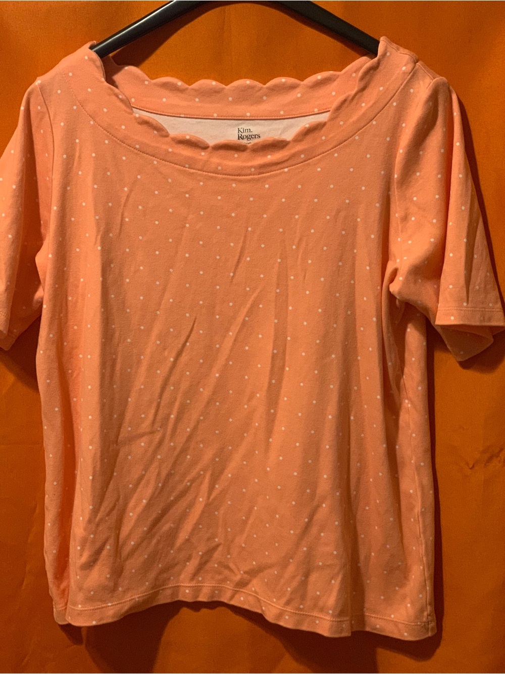 Kim Rogers Peach Dot Scallop Neck Short Sleeve Tee